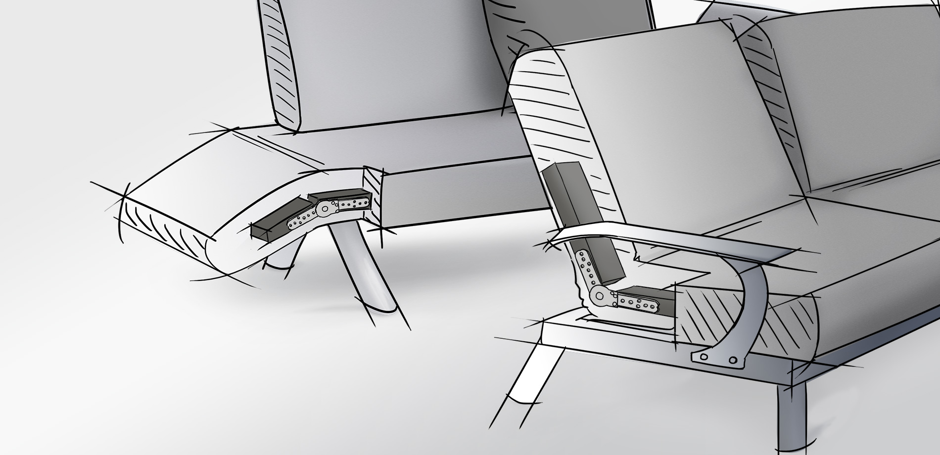 Polstergelenke für Rücken­verstellungen und große Armlehnen Zahnrastung